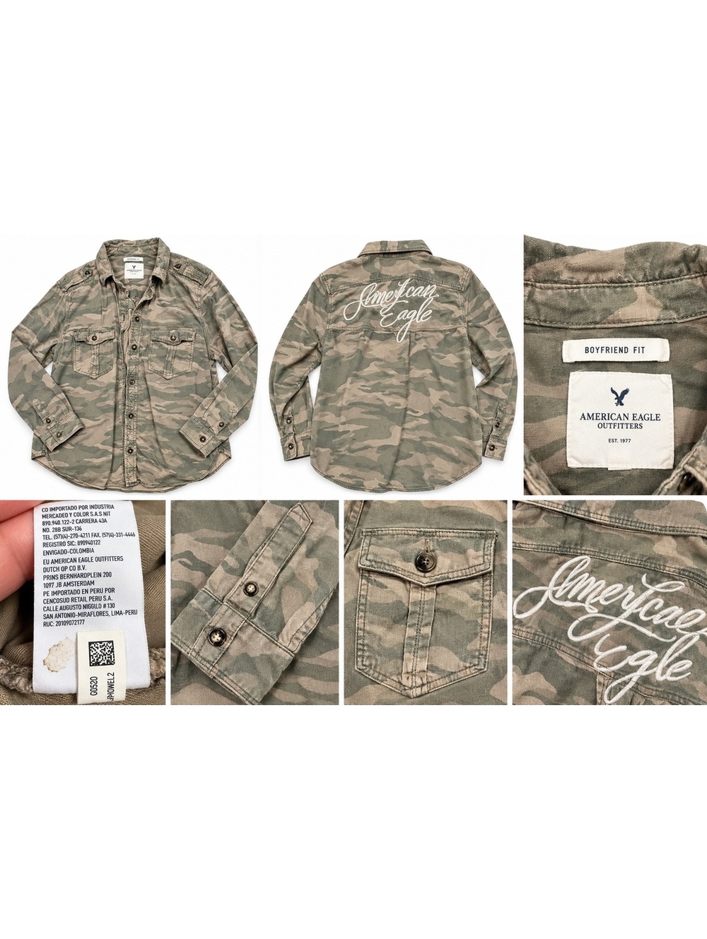 American Eagle Boyfriend Fit Camo Button Down Stay Lovely Embroidered Shirt M